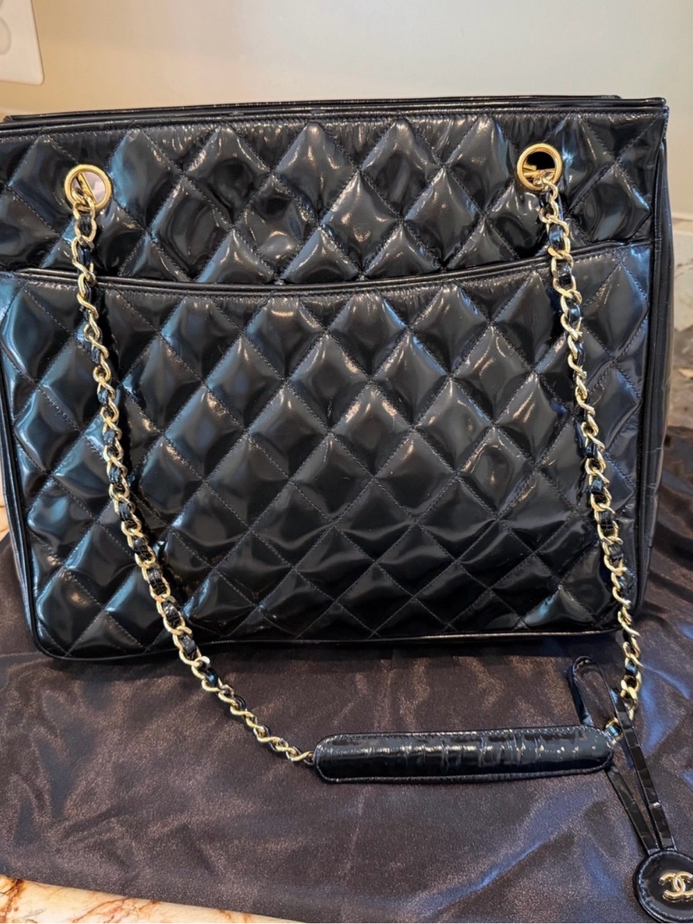CHANEL Black Quilted Patent Leather Chain-Handle Hobo